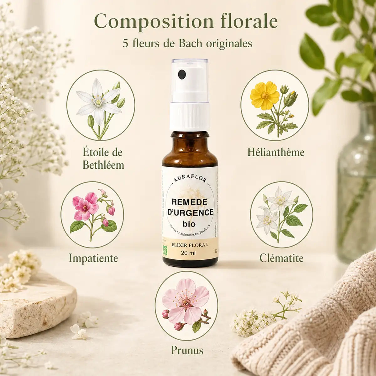 Spray Remède d'Urgence Bio Auraflor avec ses 5 fleurs de Bach : Étoile de Bethléem, Hélianthème, Impatiente