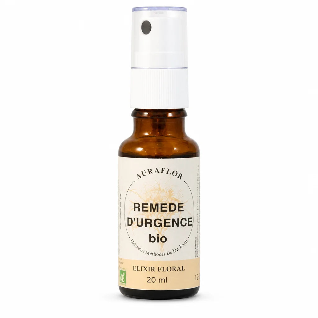 Spray Remède d'Urgence Bio Auraflor en flacon verre ambré, produit bio d'urgence