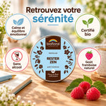 Boîte ronde argentée Biofloral « Rester Zen » en pastilles de fleurs de Bach, sur table en bois avec thé, framboises et carnet, pour retrouver calme et sérénité