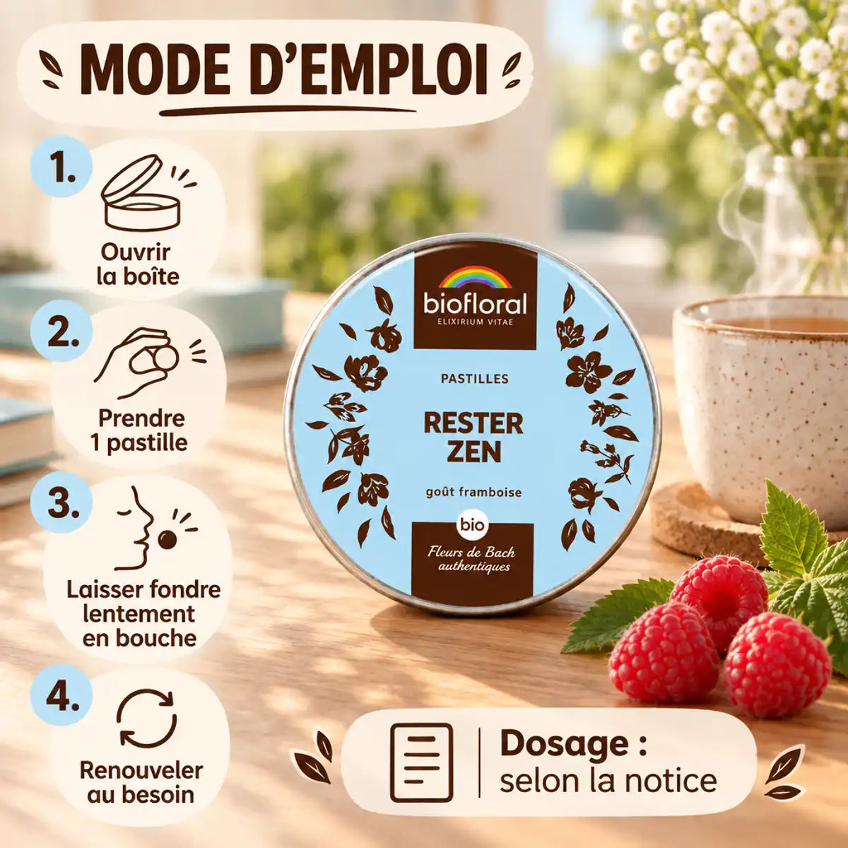 Boîte ronde Biofloral Rester Zen en pastilles goût framboise, fleurs de Bach, avec tasse de thé et mode d'emploi