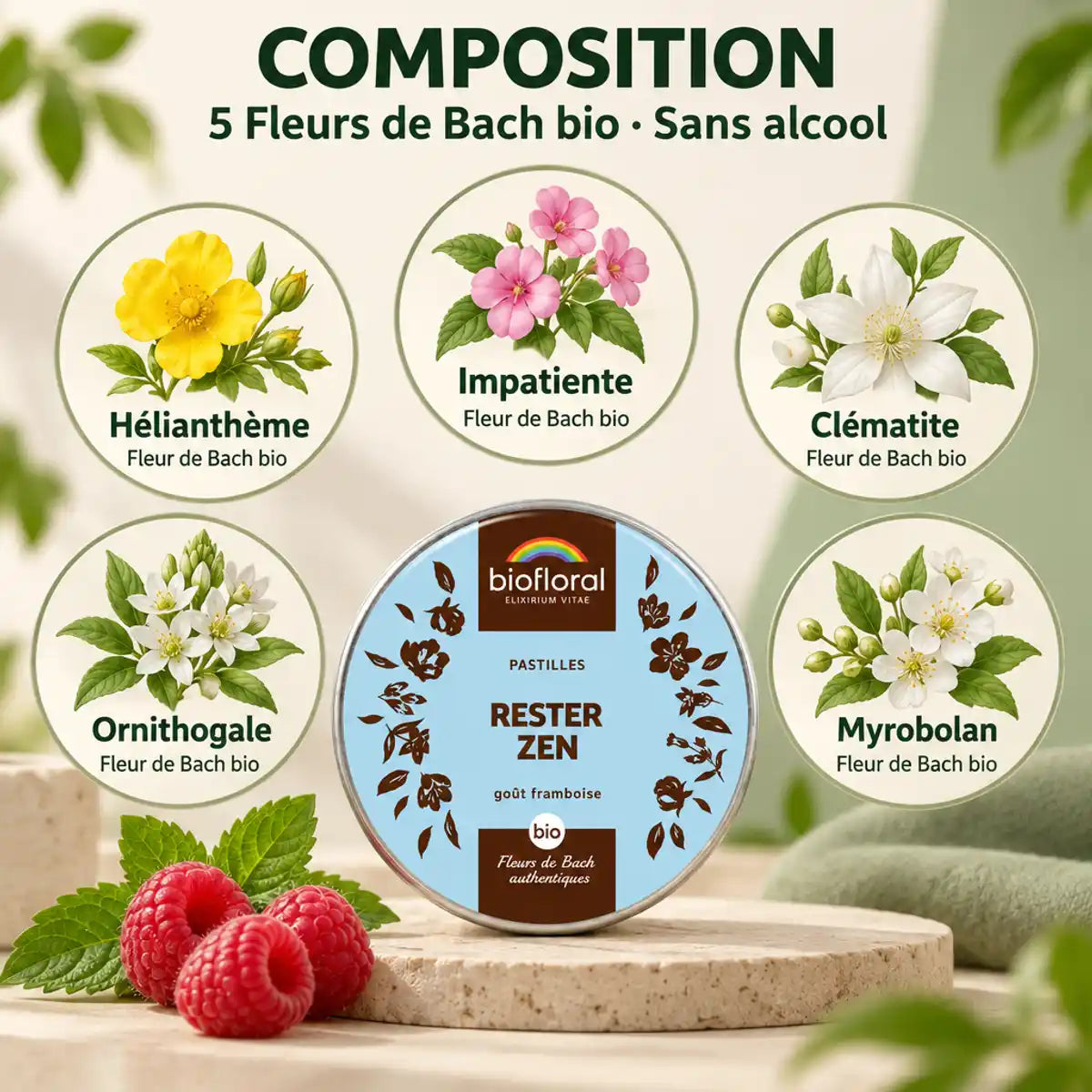 Boîte Biofloral Rester Zen aux fleurs de Bach bio en pastilles goût framboise, entourée de cinq fleurs illustrées et de la composition.