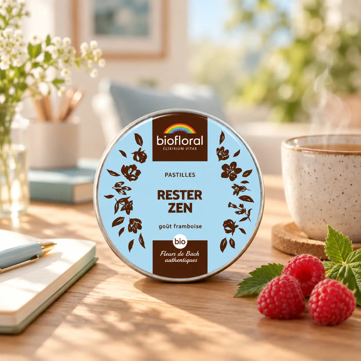 Boîte ronde bleu clair Biofloral "Rester Zen" en pastilles de fleurs de Bach, posée sur un bureau en bois avec tisane et framboises