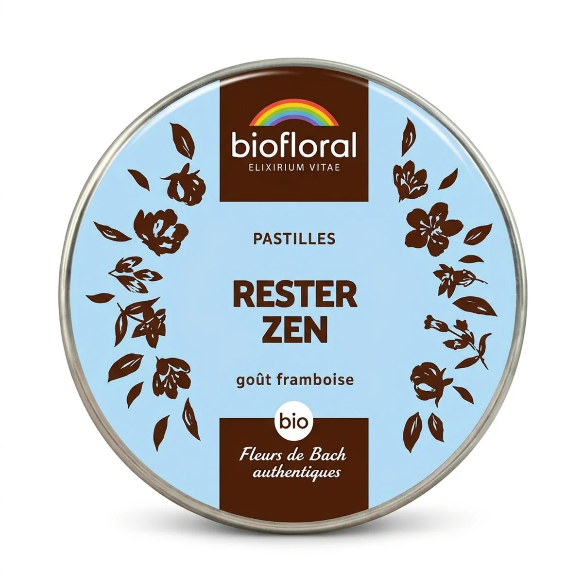 Boîte métallique ronde de pastilles Rester Zen Biofloral, fleurs de Bach bio goût framboise, 50 g, fond blanc