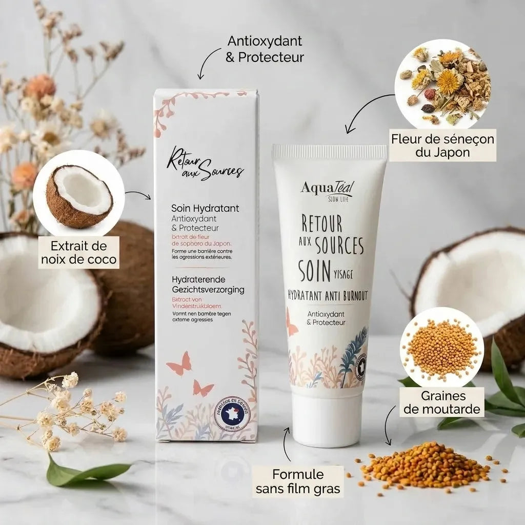 Tube crème hydratante Retour aux Sources Aquatéal avec ingrédients naturels sur fond marbre blanc