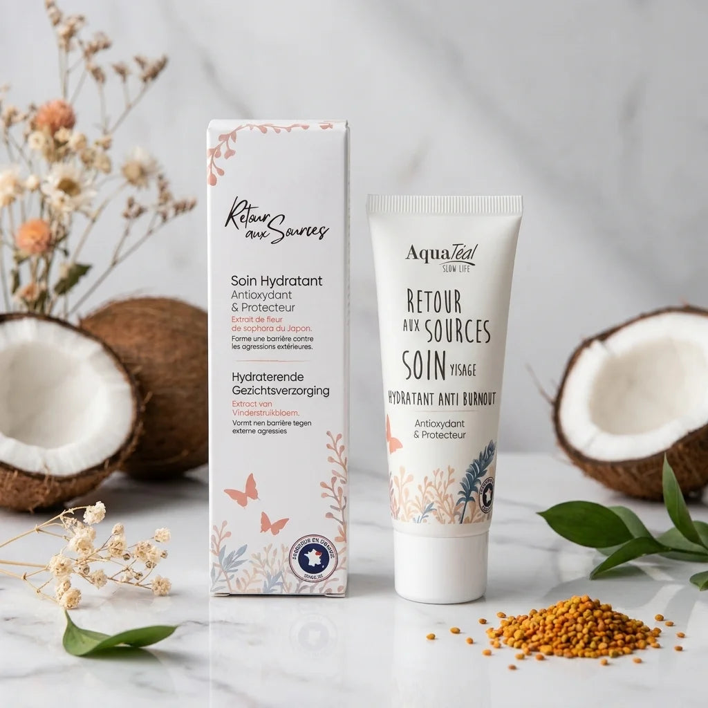 Pot de crème Aquatéal Retour aux Sources sur marbre avec ingrédients naturels