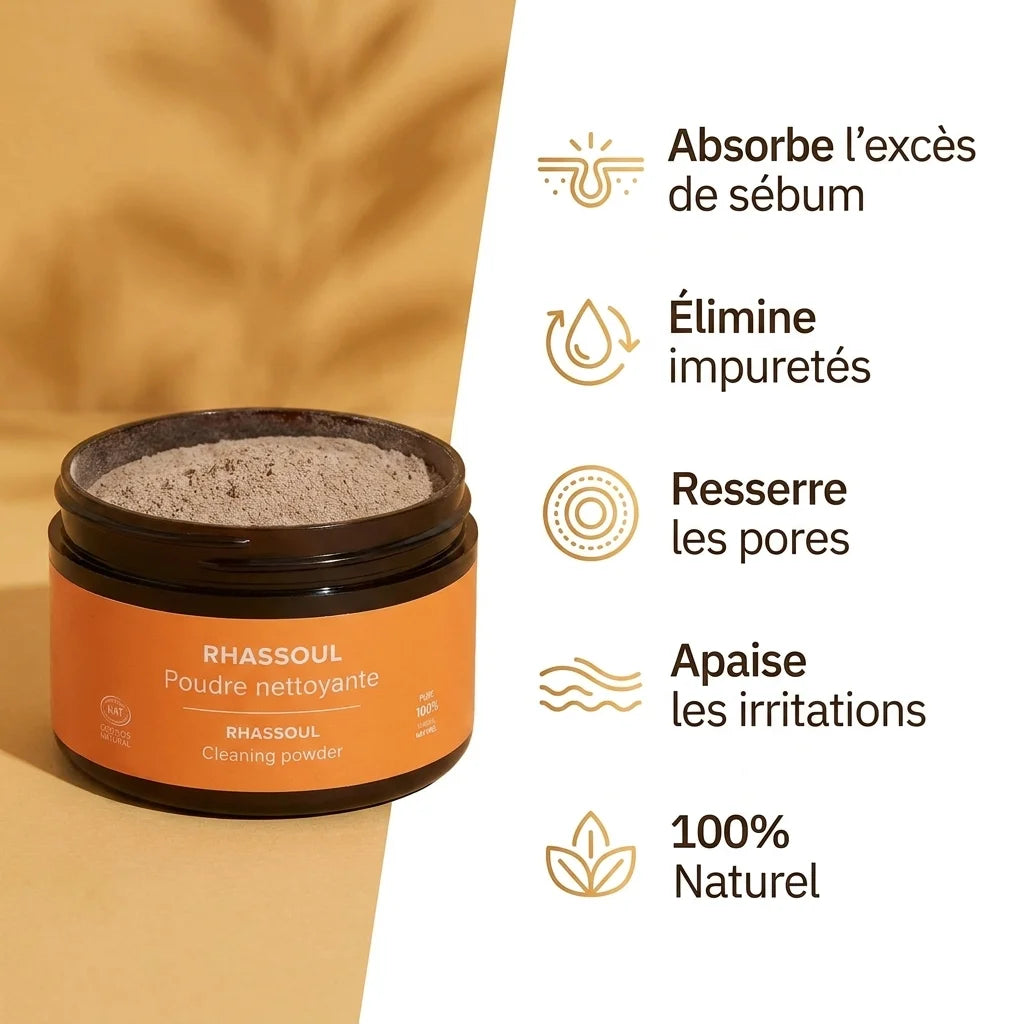 Rhassoul poudre Najel avec ses 5 bénéfices : sébum, impuretés, pores, irritations, naturel