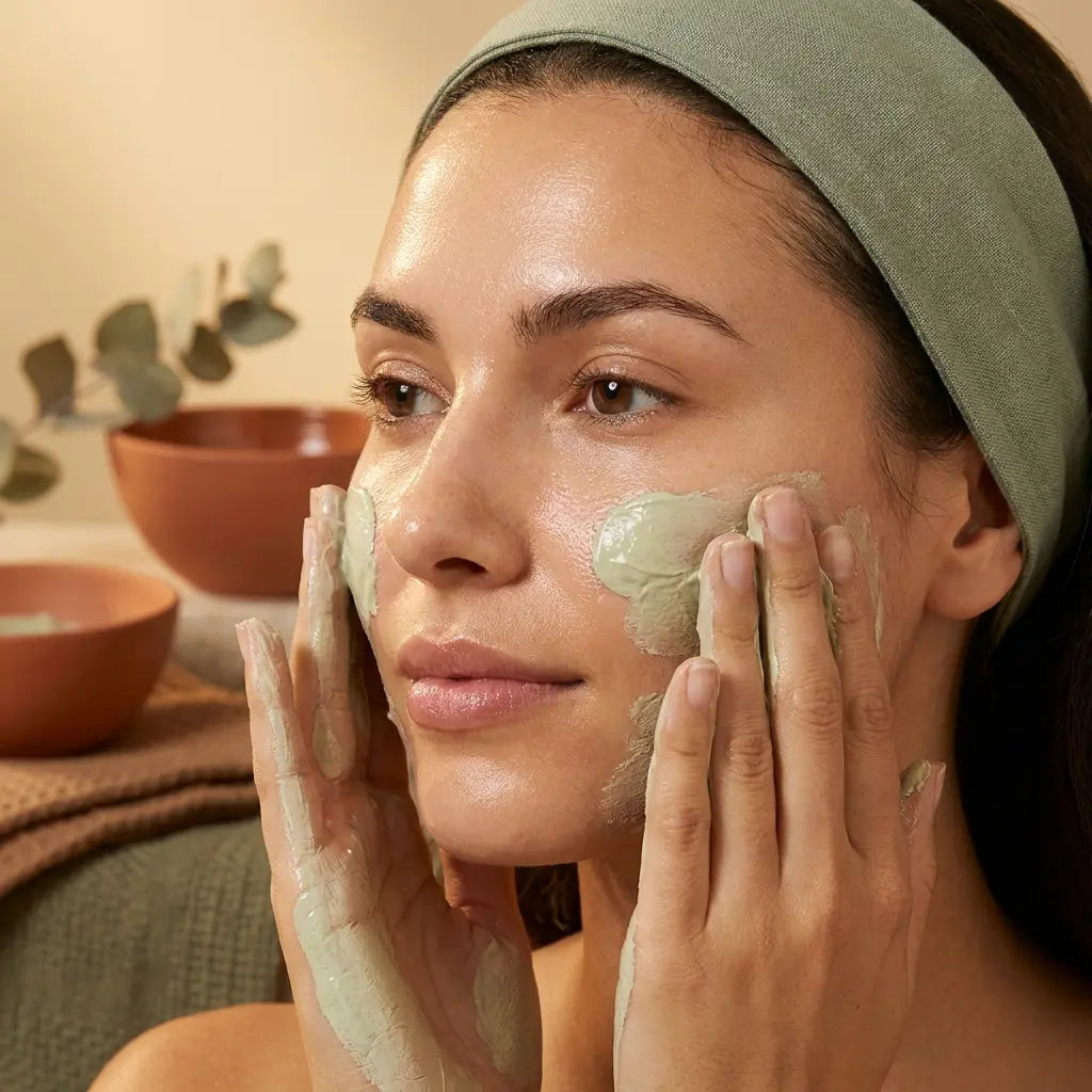 Femme appliquant un masque d'argile Rhassoul en poudre sur son visage pour un soin purifiant de la peau