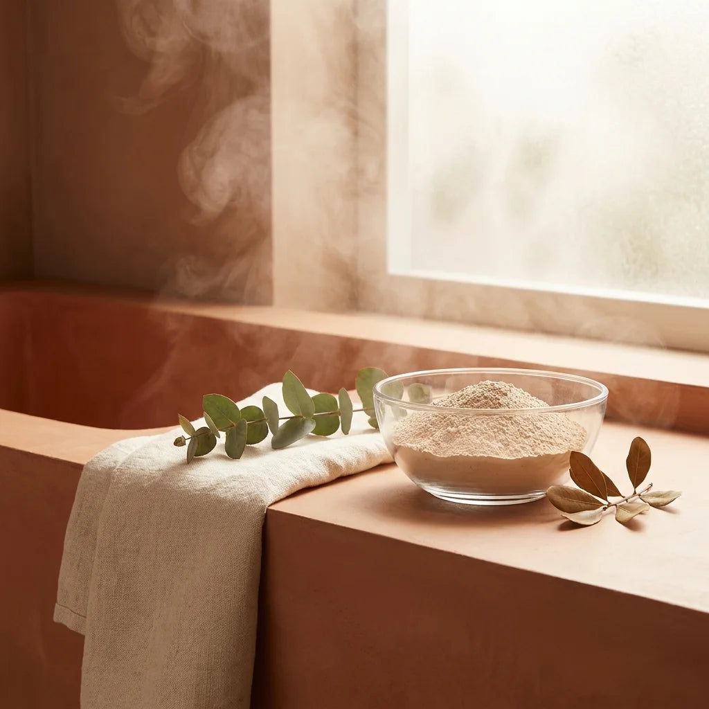 Rhassoul Najel en poudre minérale fine dans bol verre, accessoires beauté naturelle salle bain
