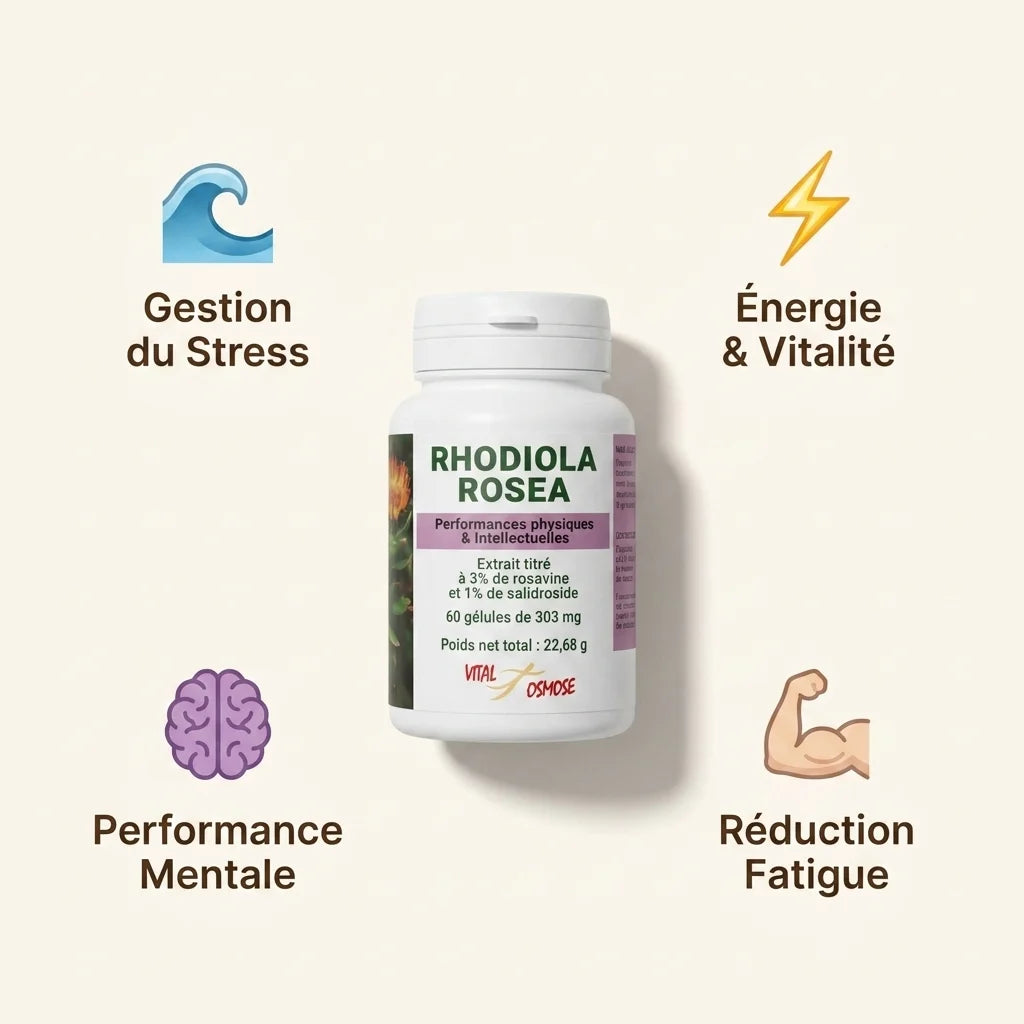 Rhodiola Rosea Vital Osmose gélules avec bénéfices : gestion stress, énergie, performance mentale