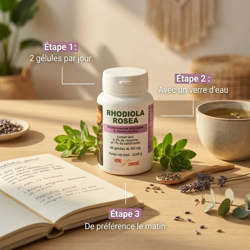 Rhodiola Rosea gélules Vital Osmose 303mg avec instructions d'utilisation et éléments wellness