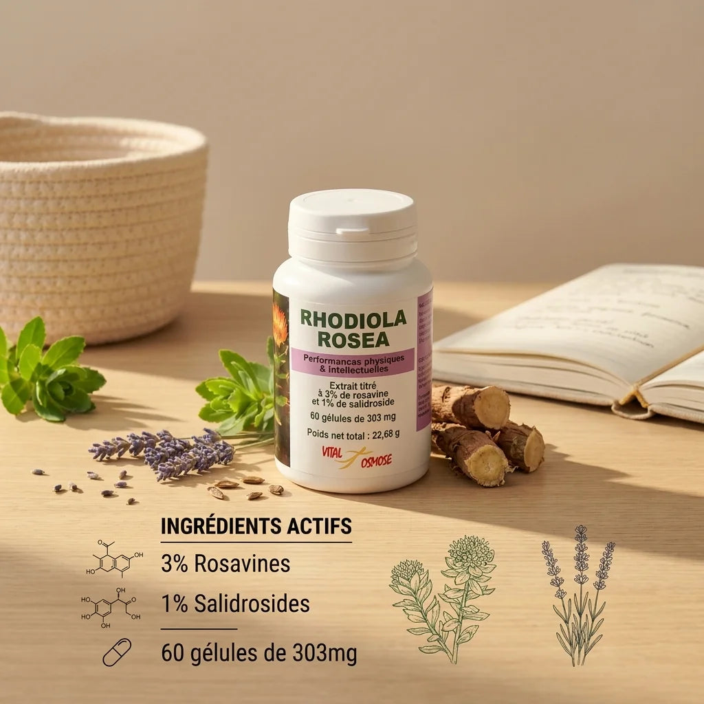 Rhodiola Rosea Vital Osmose en gélules avec ingrédients actifs et racines fraîches sur surface en bois