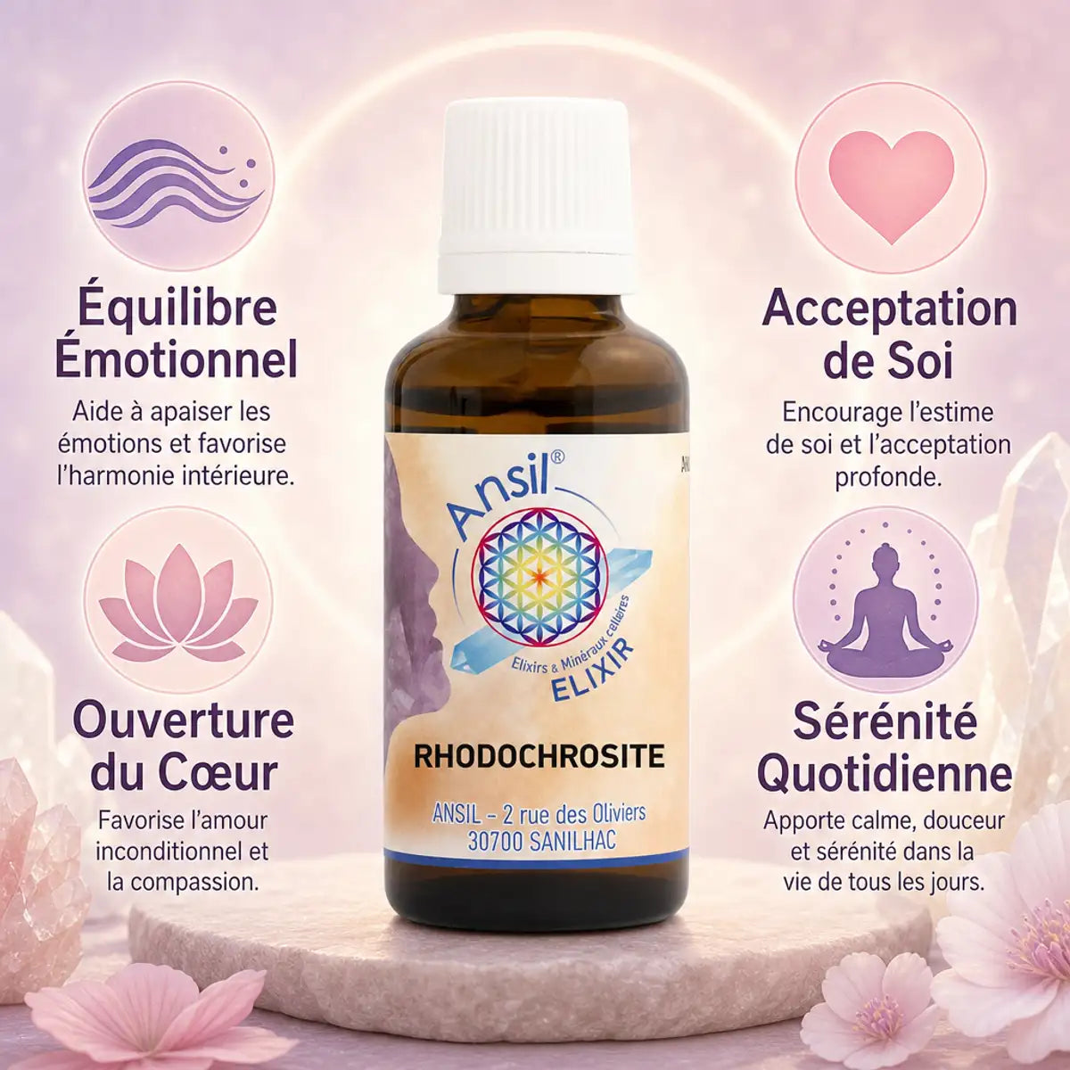 Rhodochrosite élixir de cristal en flacon ambré avec bénéfices : équilibre émotionnel, acceptation de soi et ouverture du cœur