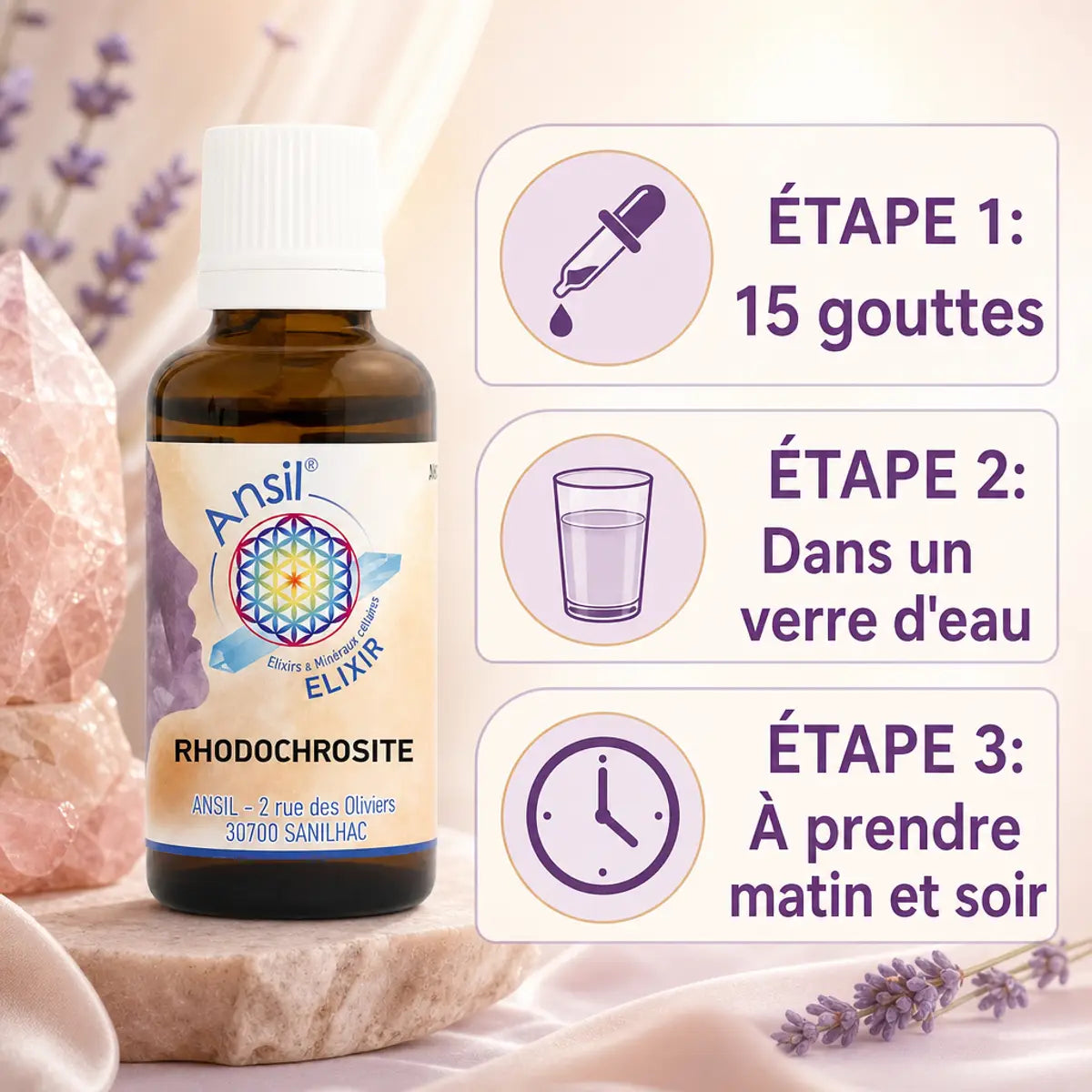 Rhodochrosite Elixir de cristal - Flacon en verre brun avec dosage 15 gouttes et instructions d'utilisation