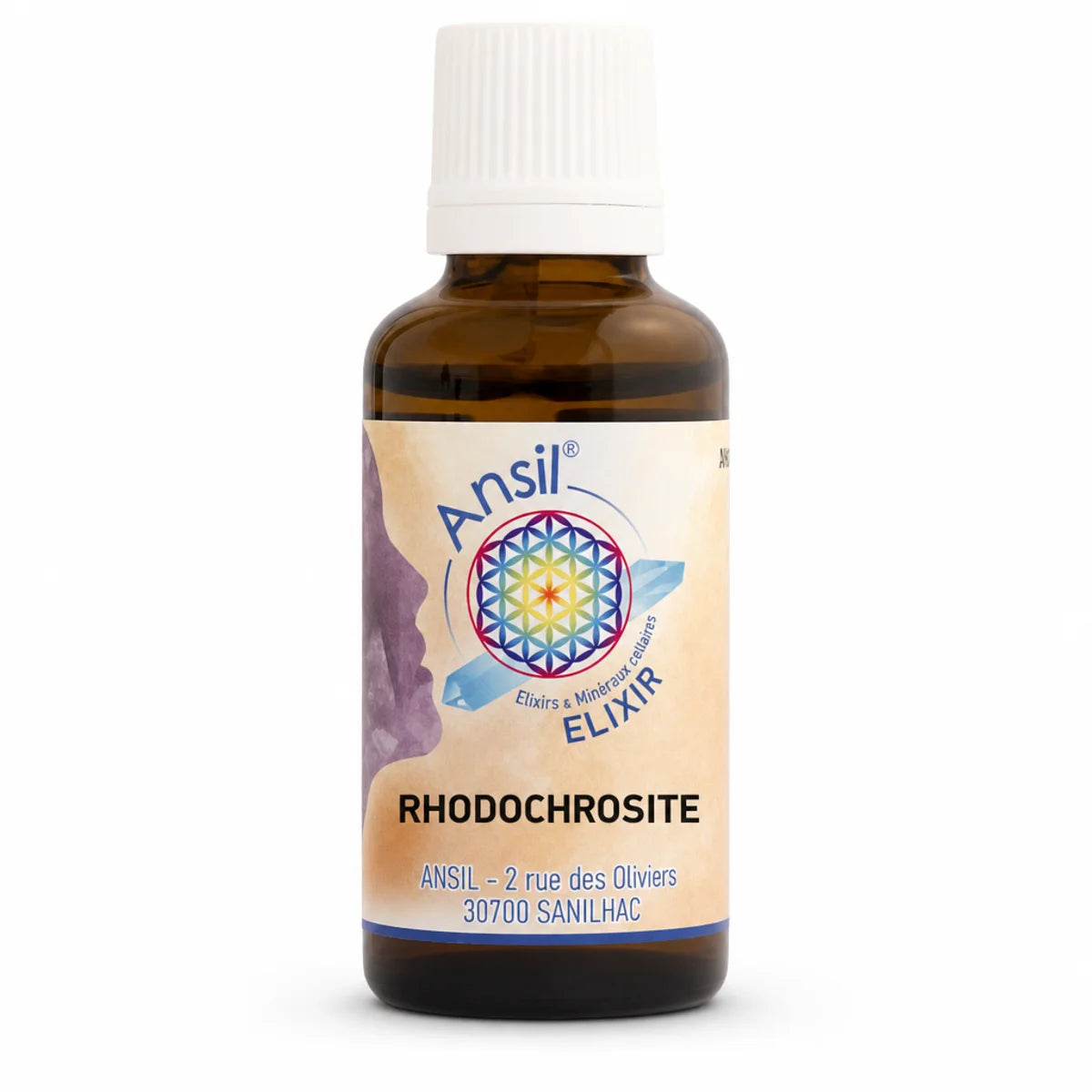 Flacon Rhodochrosite Elixir de Cristal en verre ambré, essence de cristal Ansil sur fond blanc