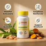 Rhumafort complexe articulaire 4 plantes avec bouteille, ingrédients et bénéfices pour la mobilité