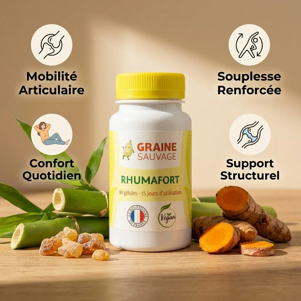 Rhumafort complexe articulaire 4 plantes avec bouteille, ingrédients et bénéfices pour la mobilité