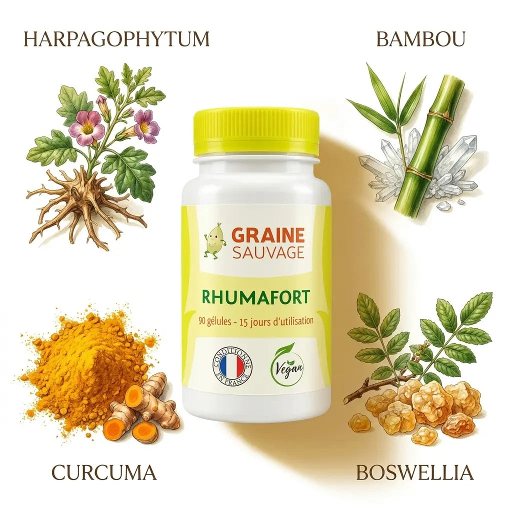 Flacon Rhumafort vegan avec harpagophytum, bambou, curcuma et boswellia sur fond blanc
