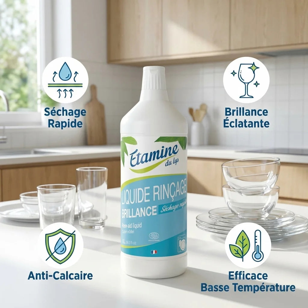 Rinçage Lave-Vaisselle Étamine du Lys avec bénéfices : séchage rapide, brillance et anti-calcaire