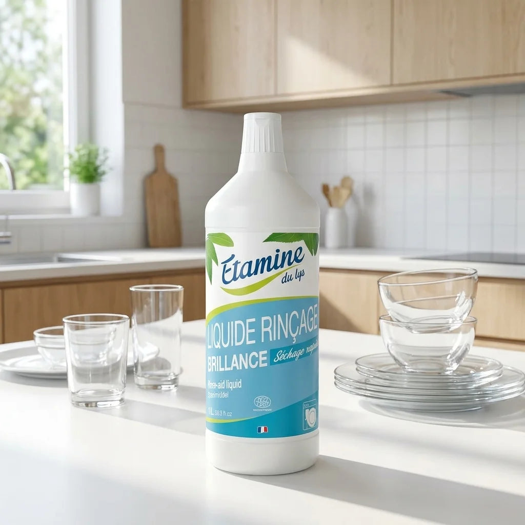 Rinçage Lave-Vaisselle Etamine du Lys avec vaisselle étincelante et cuisine moderne