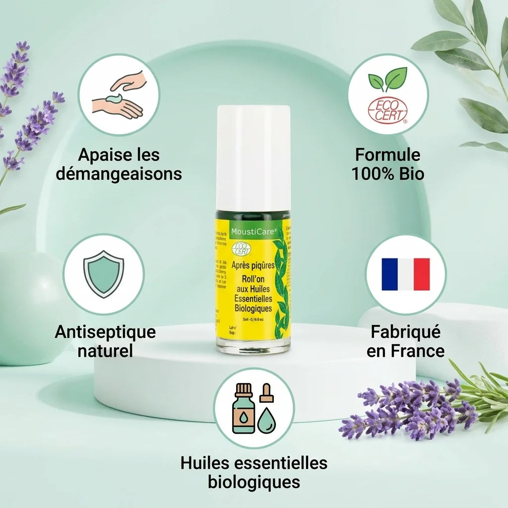 Roll-on Après-piqûres Bio MoustiCare avec infographie des 5 bénéfices naturels et certifications