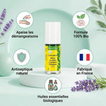 Roll-on Après-piqûres Bio MoustiCare avec infographie des 5 bénéfices naturels et certifications