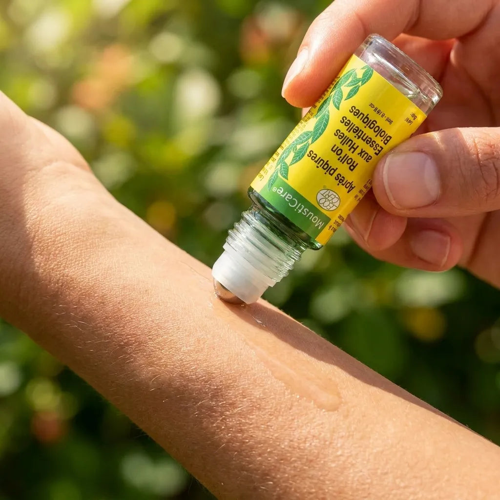 Roll-On après piqûres bio MoustiCare en application sur bras, ambiance estivale jardin