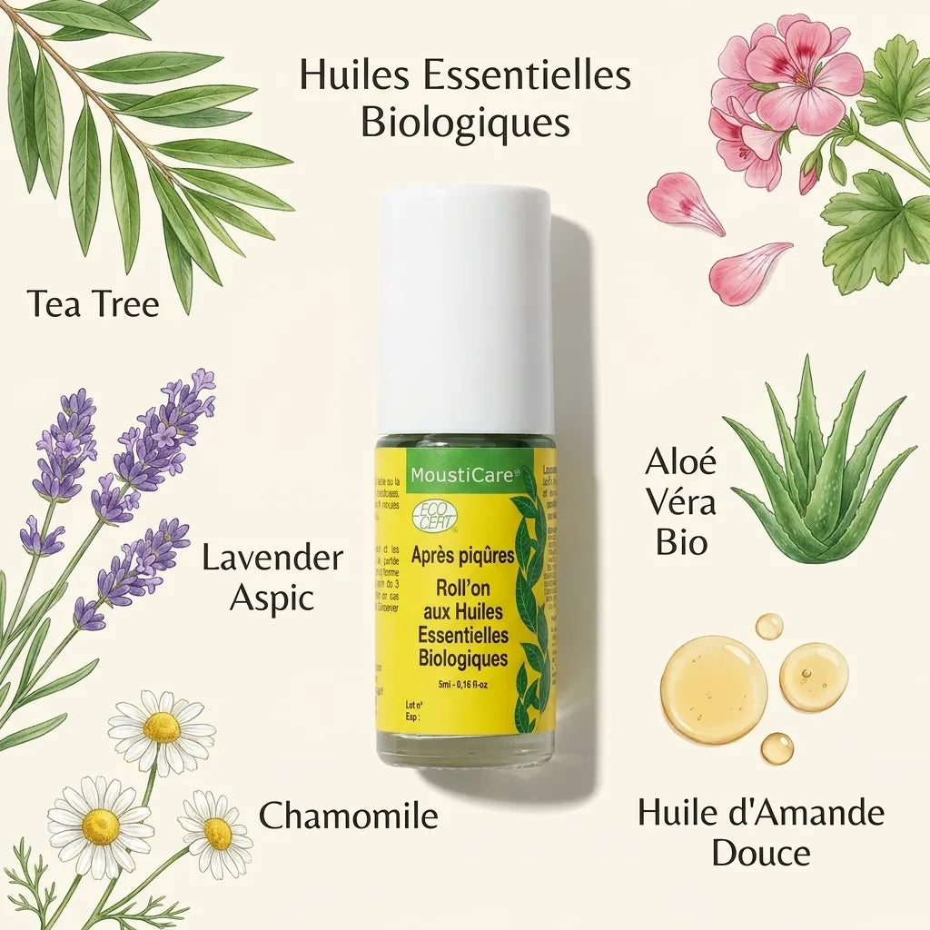 Roll'On après piqûres Bio avec ingrédients botaniques : Tea Tree, Lavande, Camomille, Aloe Vera