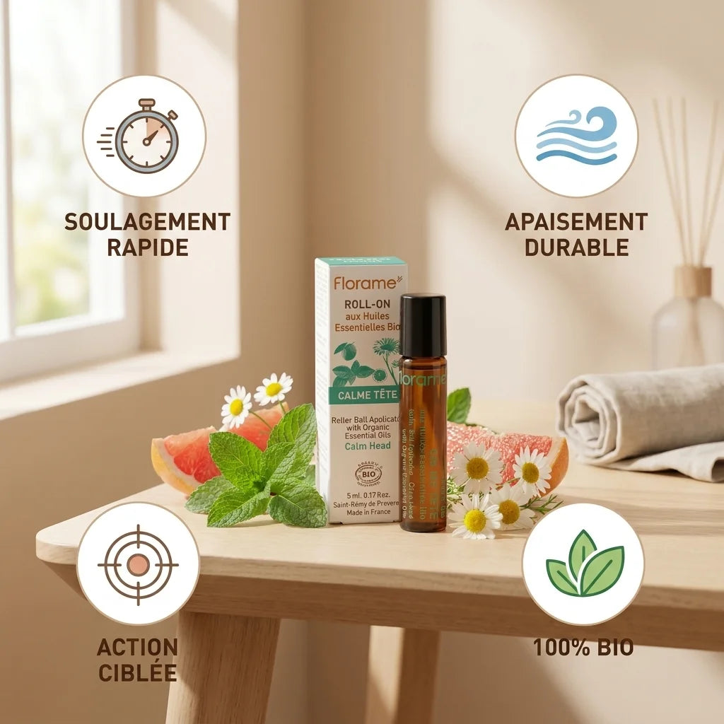 Roll-on Calme Tête Florame bio avec bénéfices : soulagement rapide, apaisement durable, action ciblée