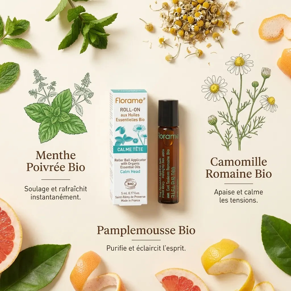 Roll-on Calme Tête Florame bio avec ingrédients menthe poivrée, camomille et pamplemousse