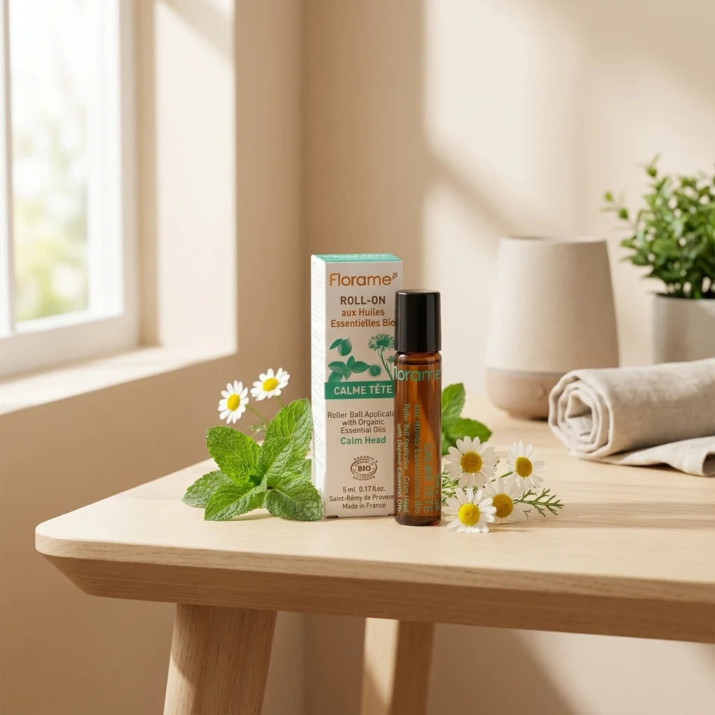 Roll-on Calme Tête Florame bio avec boîte teal et flacon en verre ambré sur bureau minimaliste avec menthe fraîche