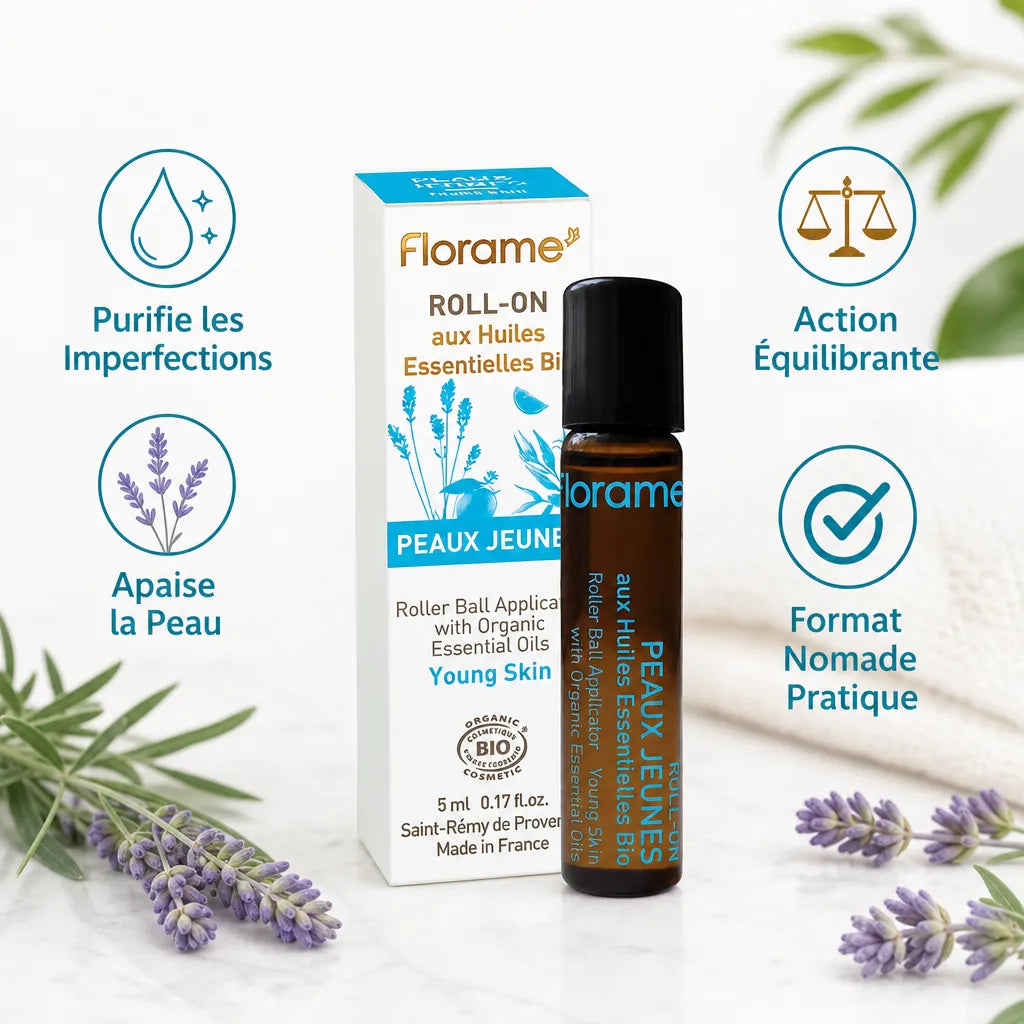 Roll-on Peaux Jeunes Florame bio avec bénéfices : purifie, apaise, équilibre, format nomade