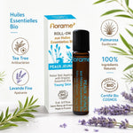 Roll-on bio Florame peaux jeunes avec huiles essentielles tea tree, lavande et palmarosa certifié bio COSMOS