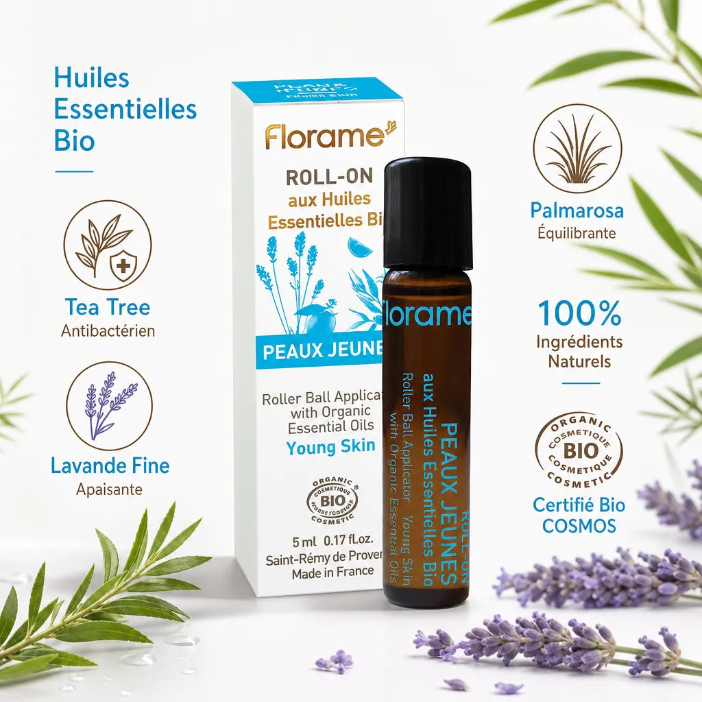 Roll-on bio Florame peaux jeunes avec huiles essentielles tea tree, lavande et palmarosa certifié bio COSMOS