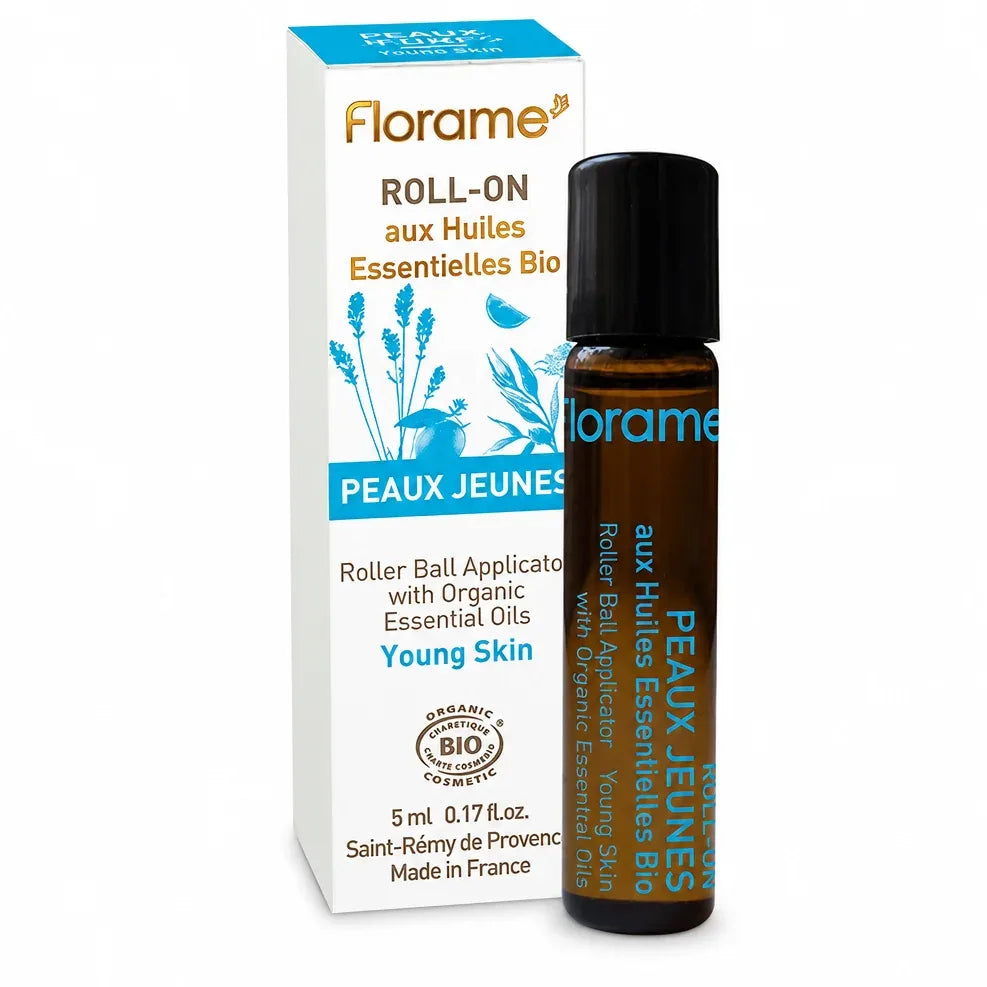 Roll-on Peaux Jeunes Florame bio certifié flacon verre ambré avec emballage blanc bleu