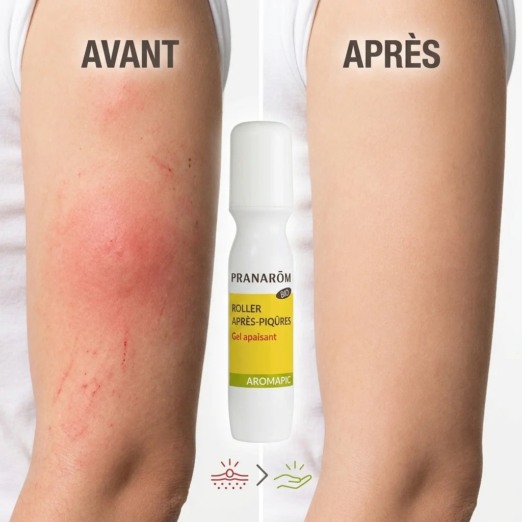 Roller après-piqûres Bio Pranarom avant/après, comparaison peau irritée et apaisée