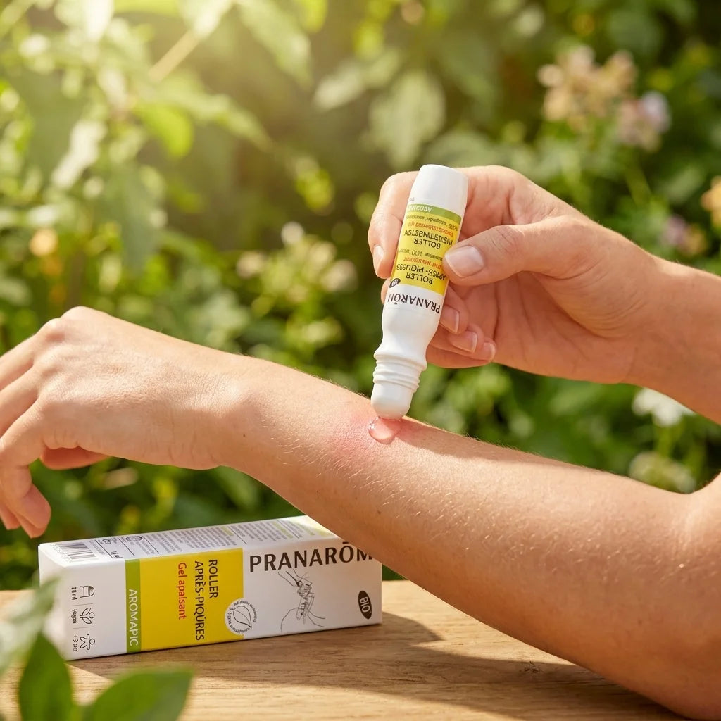 Roller après-piqures bio Pranarom appliqué sur piqûre de moustique au bras