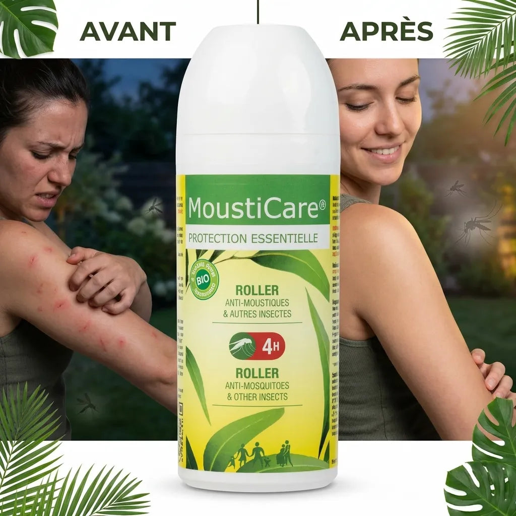 Roller anti-moustiques MoustiCare avant et après : bras sans piqûres, protection efficace