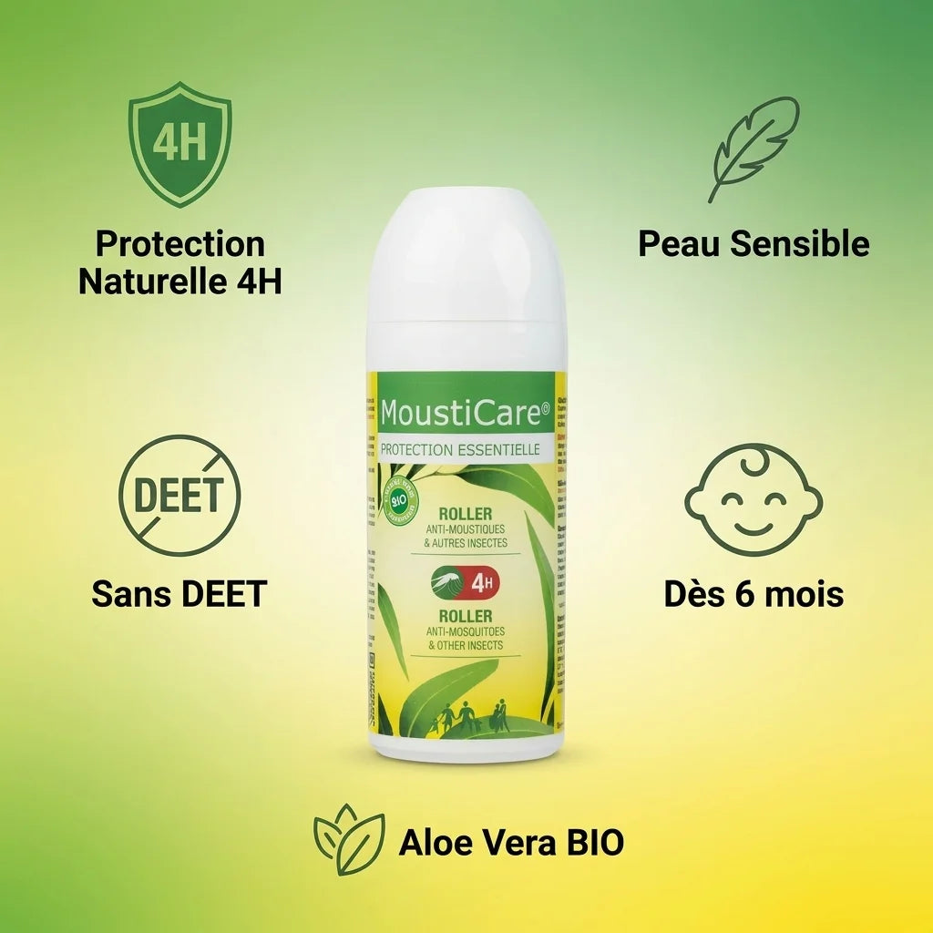 Roller MoustiCare anti-moustiques naturel, sans DEET, protection 4h, dès 6 mois, aloe vera bio