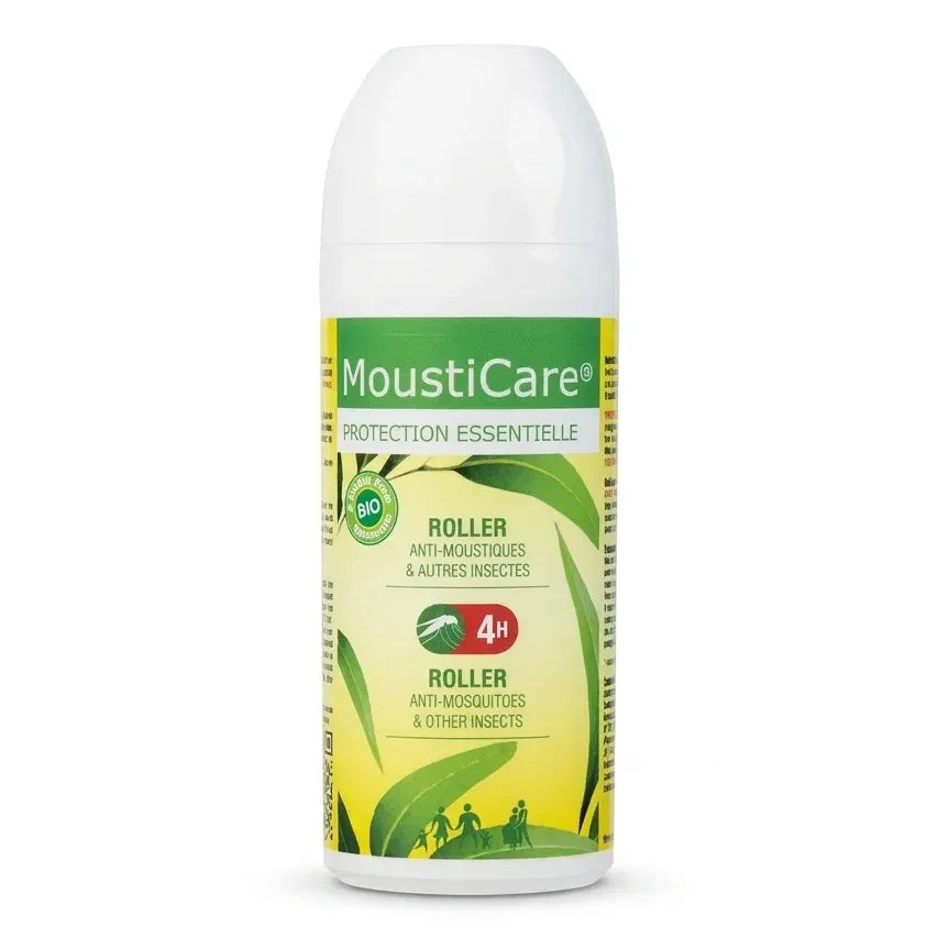 Roller anti-moustiques MoustiCare avec applicateur, bouteille verte et jaune sur fond blanc