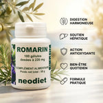 Flacon Romarin Vital Osmose avec infographie des 5 bénéfices : digestion, foie, antioxydant, bien-être