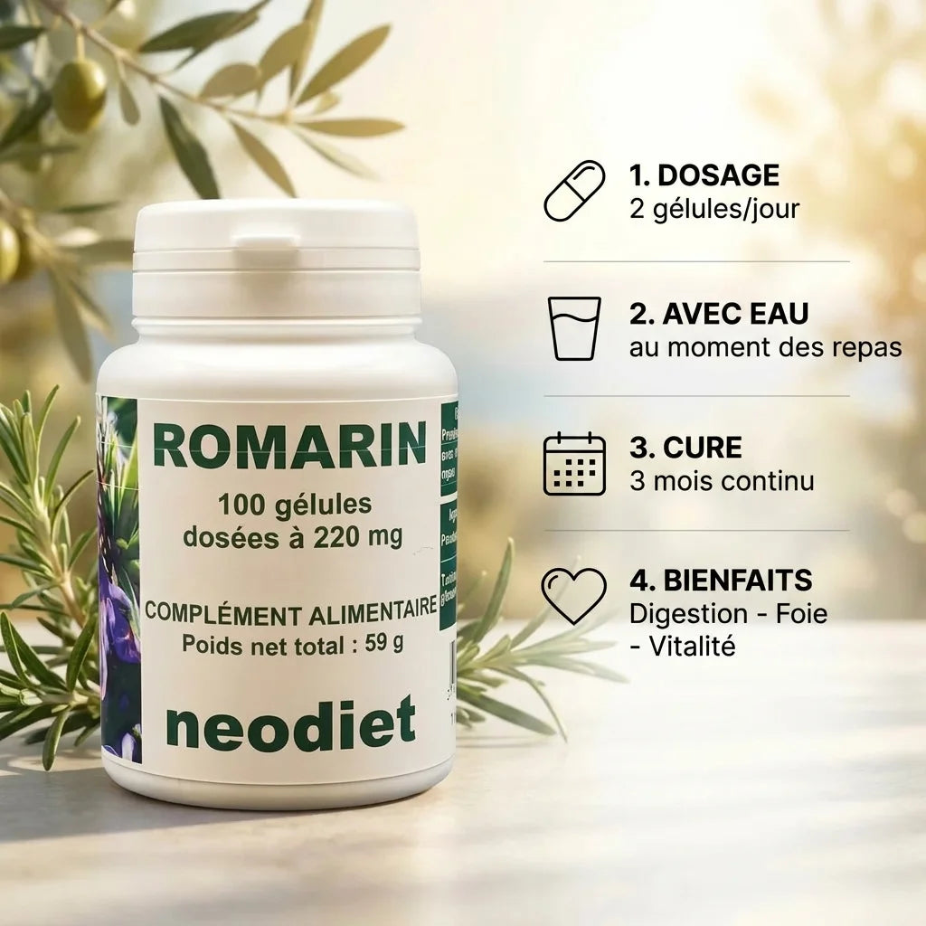 Flacon Romarin Vital Osmose 100 gélules avec posologie et bienfaits santé digestion foie vitalité