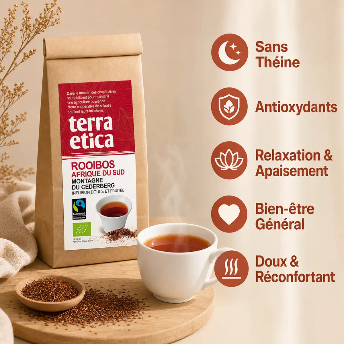 Terra Etica Rooibos bio en vrac avec tasse et bénéfices : sans théine, antioxydants, relaxation