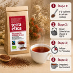 Rooibos bio Terra Etica en vrac avec guide infographique d'infusion et tasse préparée