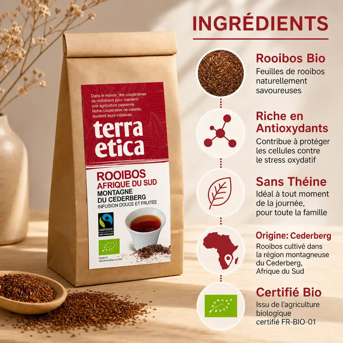 Rooibos Bio Terra Etica en vrac avec infographie ingrédients et certifications organiques