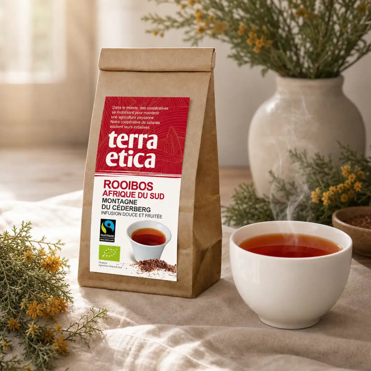 Rooibos Bio Terra Etica en vrac dans sa tasse, infusion d'or rouge avec botaniques naturels