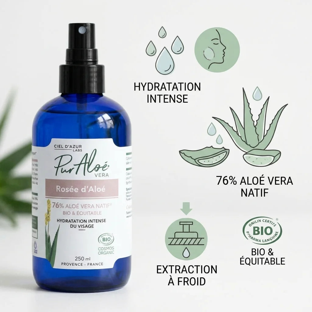 Rosée d'Aloé Vera Bio Pur'Aloe 76% avec feuille d'aloe vera et certification bio