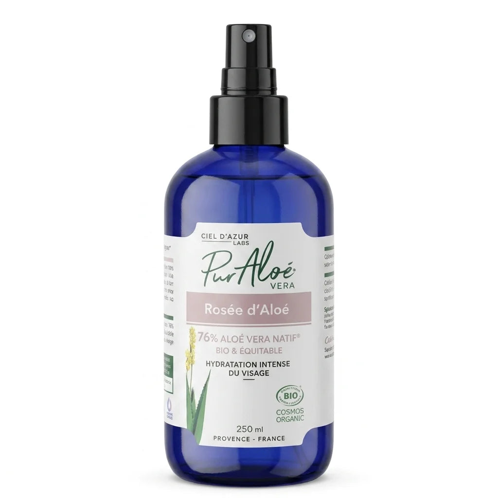 Spray Pur'Aloe Rosée d'Aloé Vera Bio 76% en flacon verre bleu cobalt