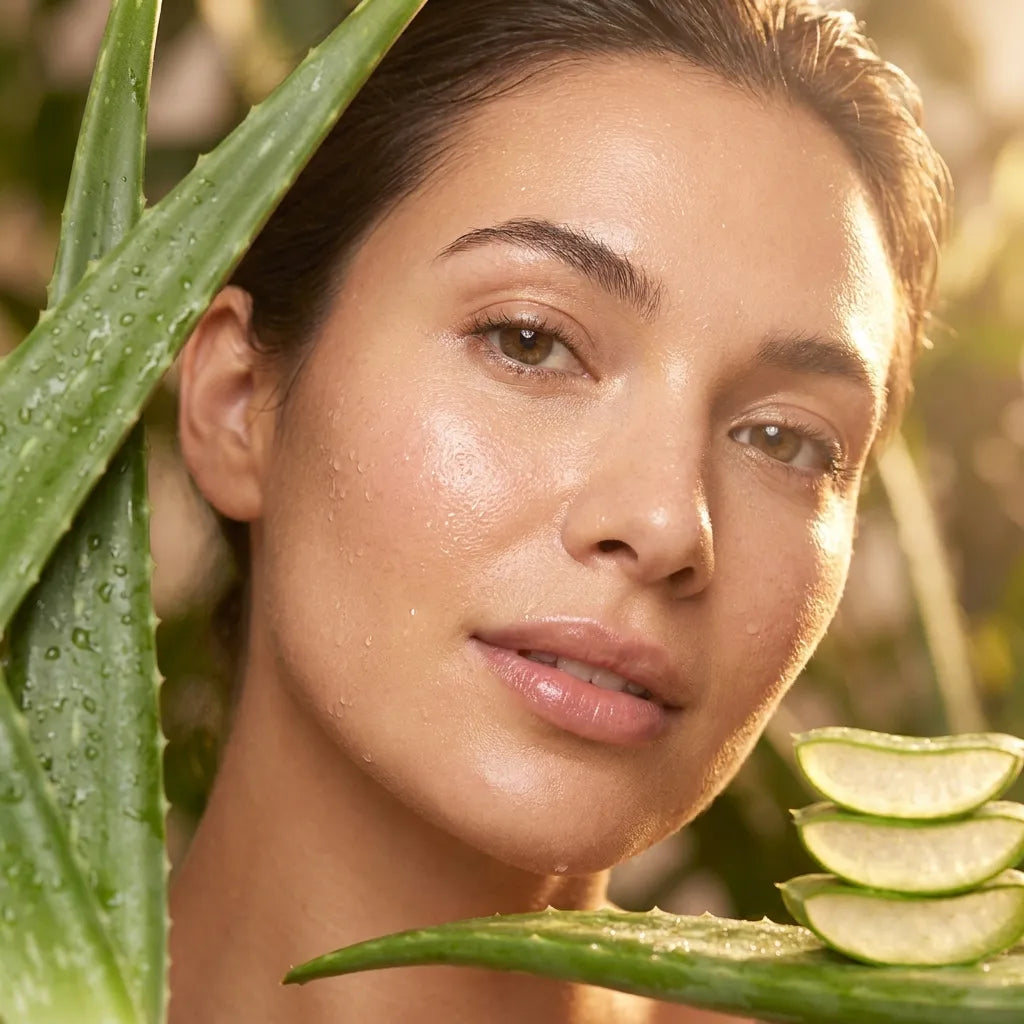 Femme avec peau lumineuse et hydratée après application de rosée Aloe Vera bio 76%