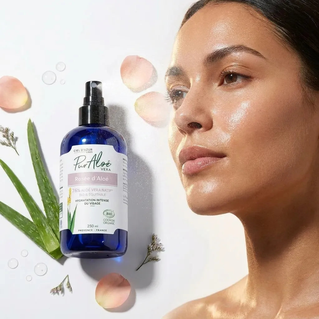 Rosée Aloé Vera Bio 76% vaporisée sur visage hydraté avec feuilles d'aloe vera frais