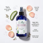 Spray Pur'Aloé Rosée d'Aloé Vera Bio 76% entouré d'ingrédients naturels sur fond blanc